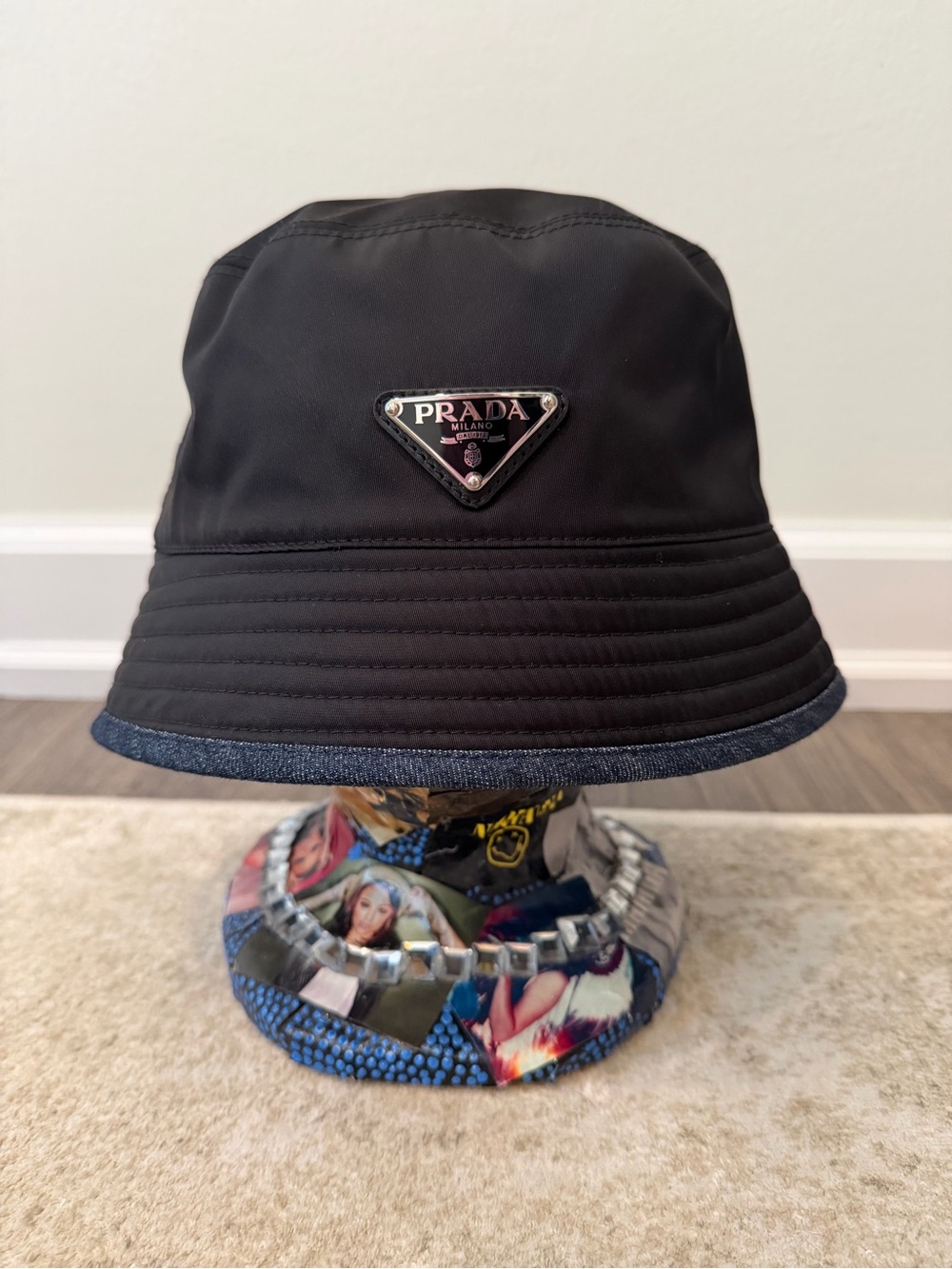 Reversible Prada Black Bucket Hat with Denim Edge